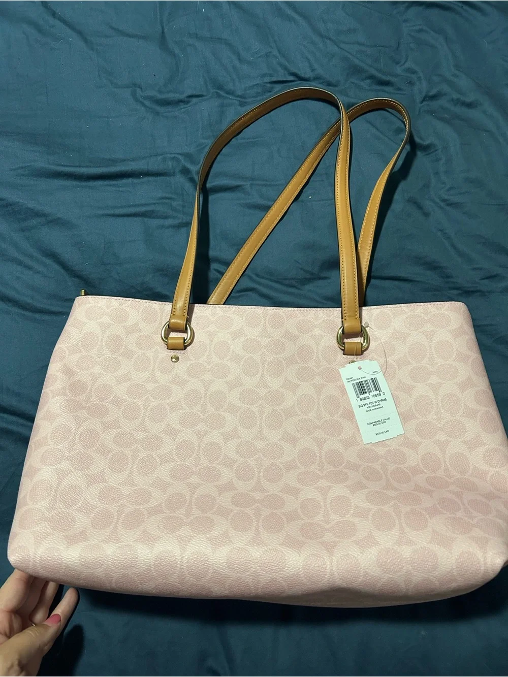 Coach Pink Signature Tote with Tan Leather Handles
